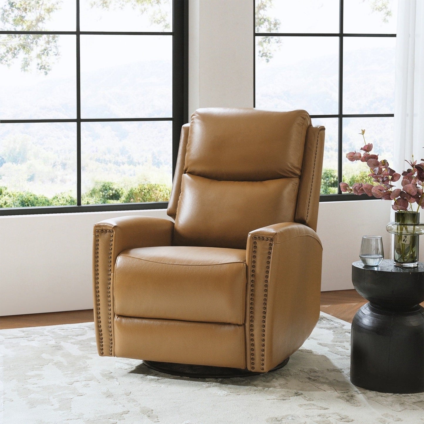 Fauteuil inclinable pivotant à oreilles Fiacro 30.31 en cuir véritable, large et moderne, avec garnitures cloutées