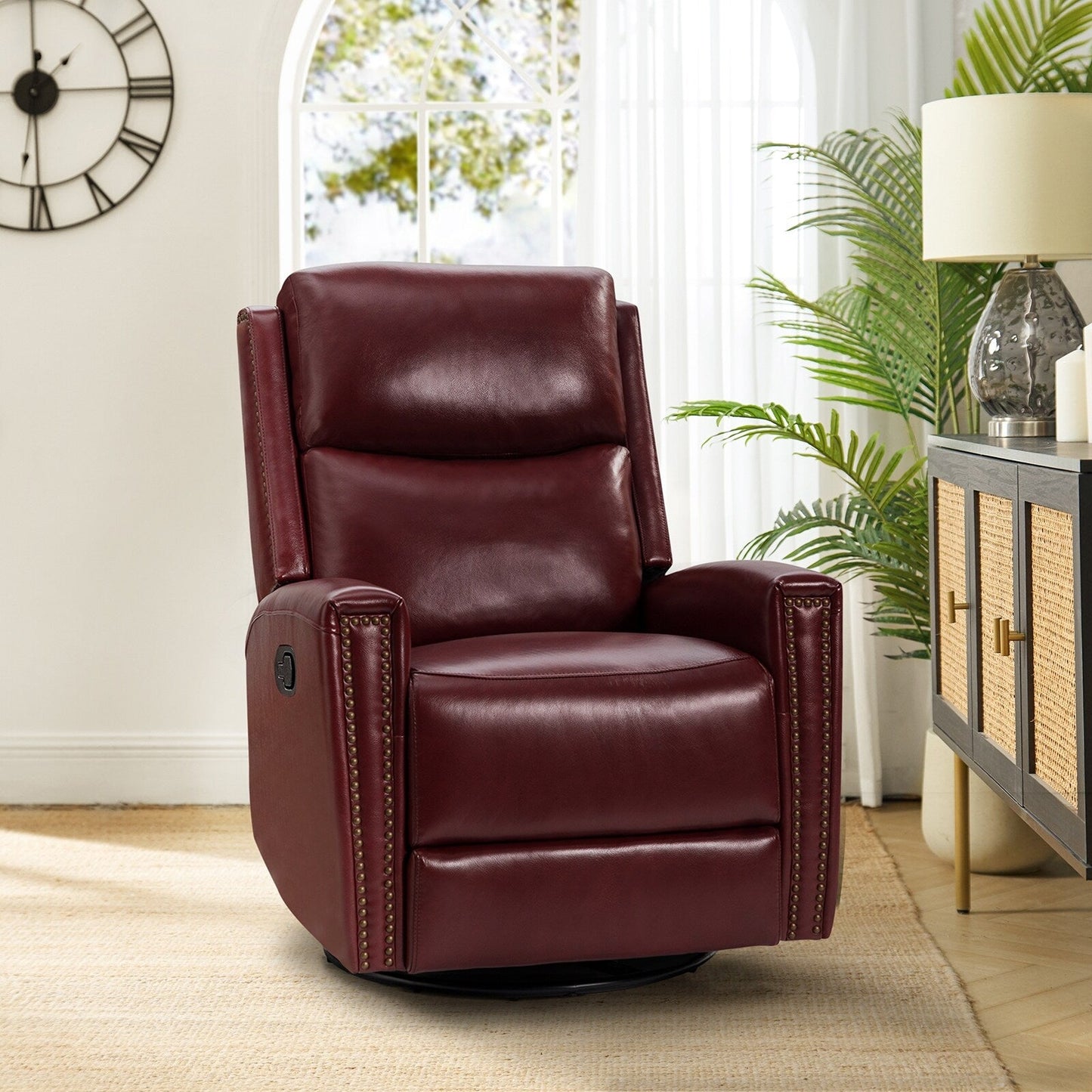 Fauteuil inclinable pivotant à oreilles Fiacro 30.31 en cuir véritable, large et moderne, avec garnitures cloutées