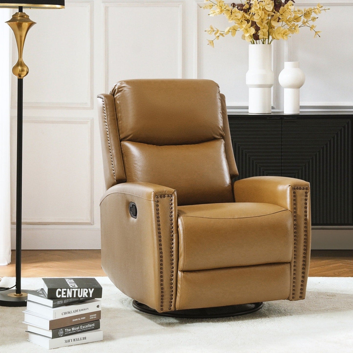 Fauteuil inclinable pivotant à oreilles Fiacro 30.31 en cuir véritable, large et moderne, avec garnitures cloutées