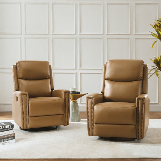 Fauteuil inclinable pivotant à oreilles Fiacro 30.31 en cuir véritable, large et moderne, avec garnitures cloutées, lot de 2
