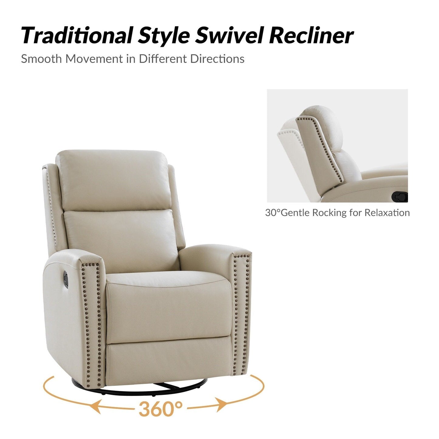 Fauteuil inclinable pivotant à oreilles Fiacro 30.31 en cuir véritable, large et moderne, avec garnitures cloutées, lot de 2