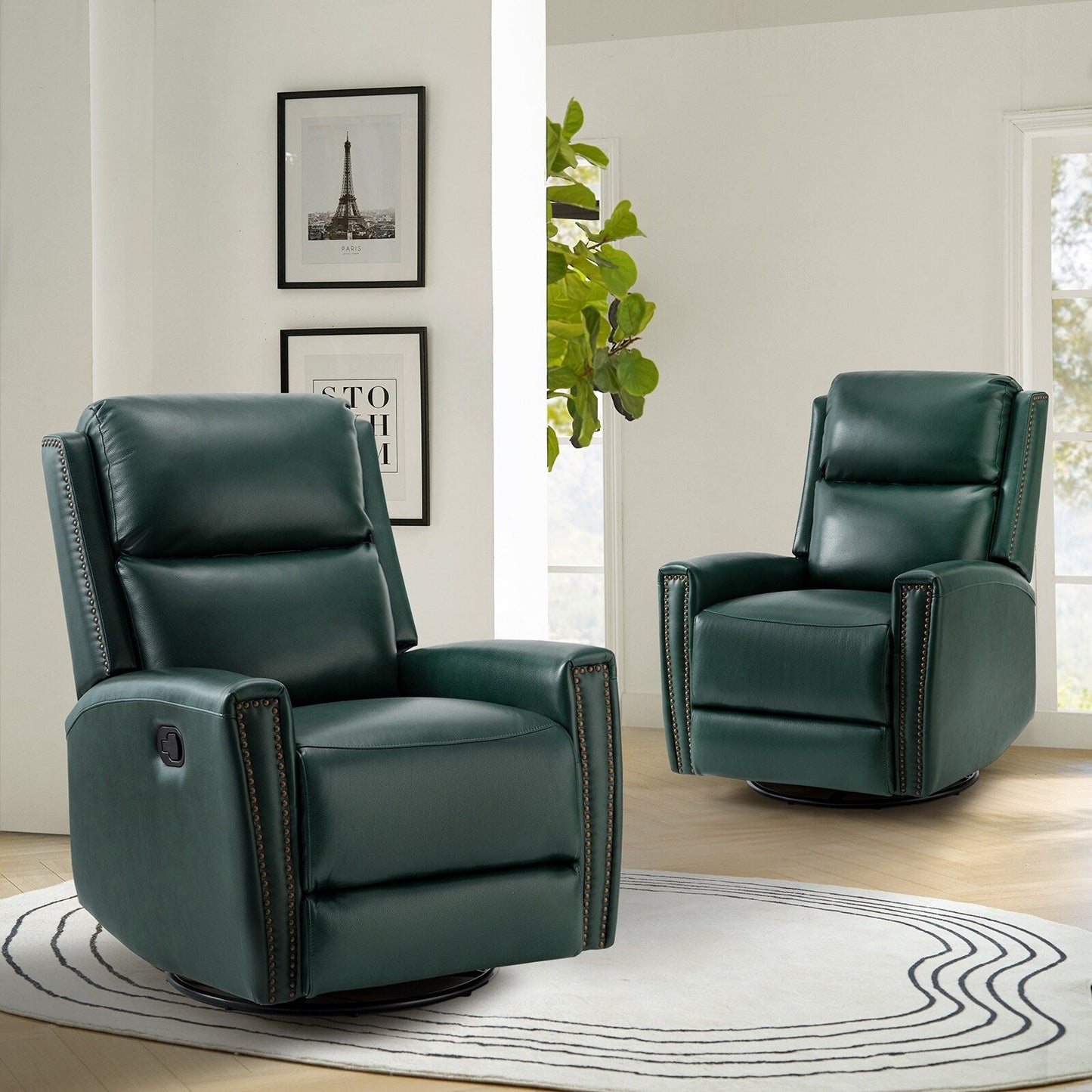 Fauteuil inclinable pivotant à oreilles Fiacro 30.31 en cuir véritable, large et moderne, avec garnitures cloutées, lot de 2