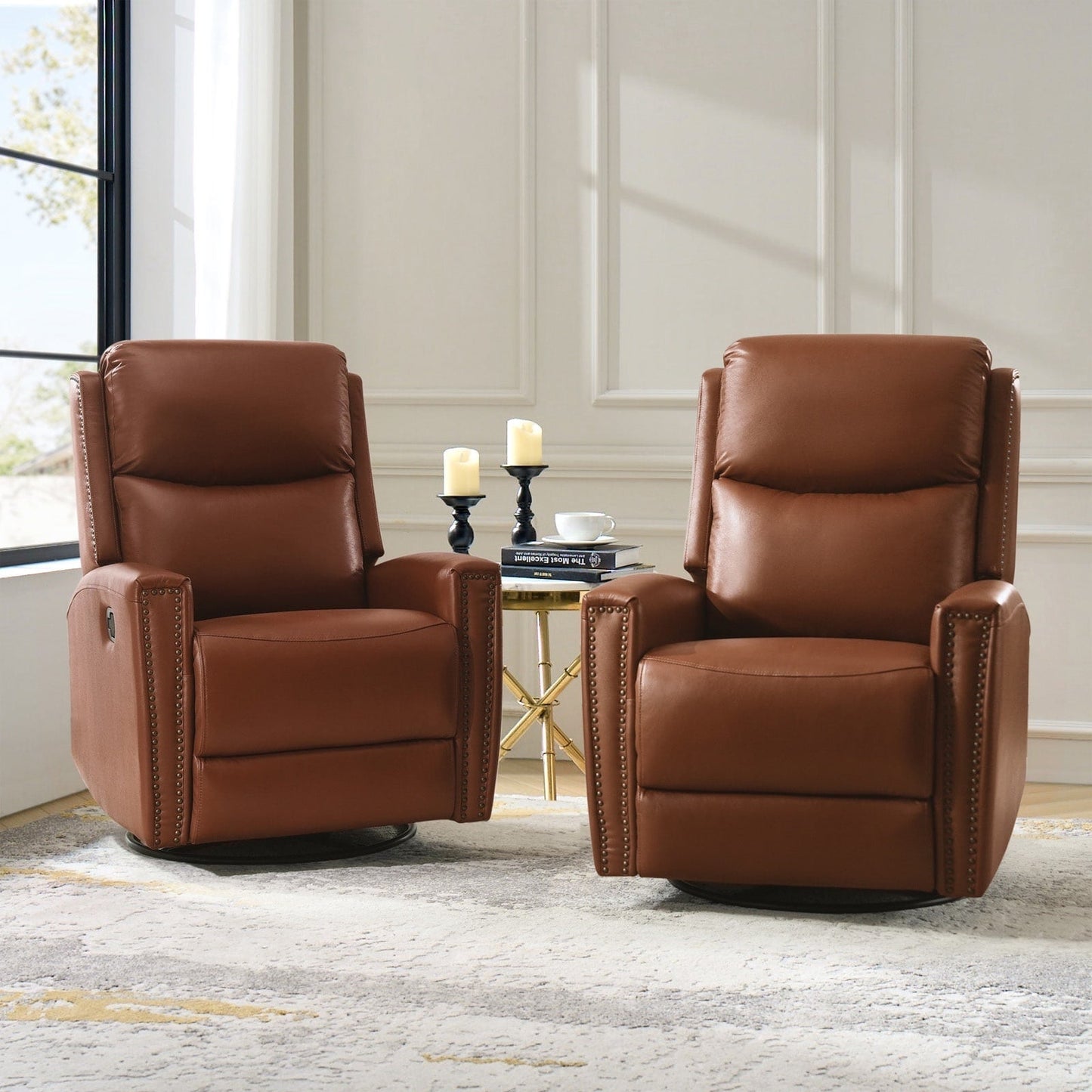 Fauteuil inclinable pivotant à oreilles Fiacro 30.31 en cuir véritable, large et moderne, avec garnitures cloutées, lot de 2