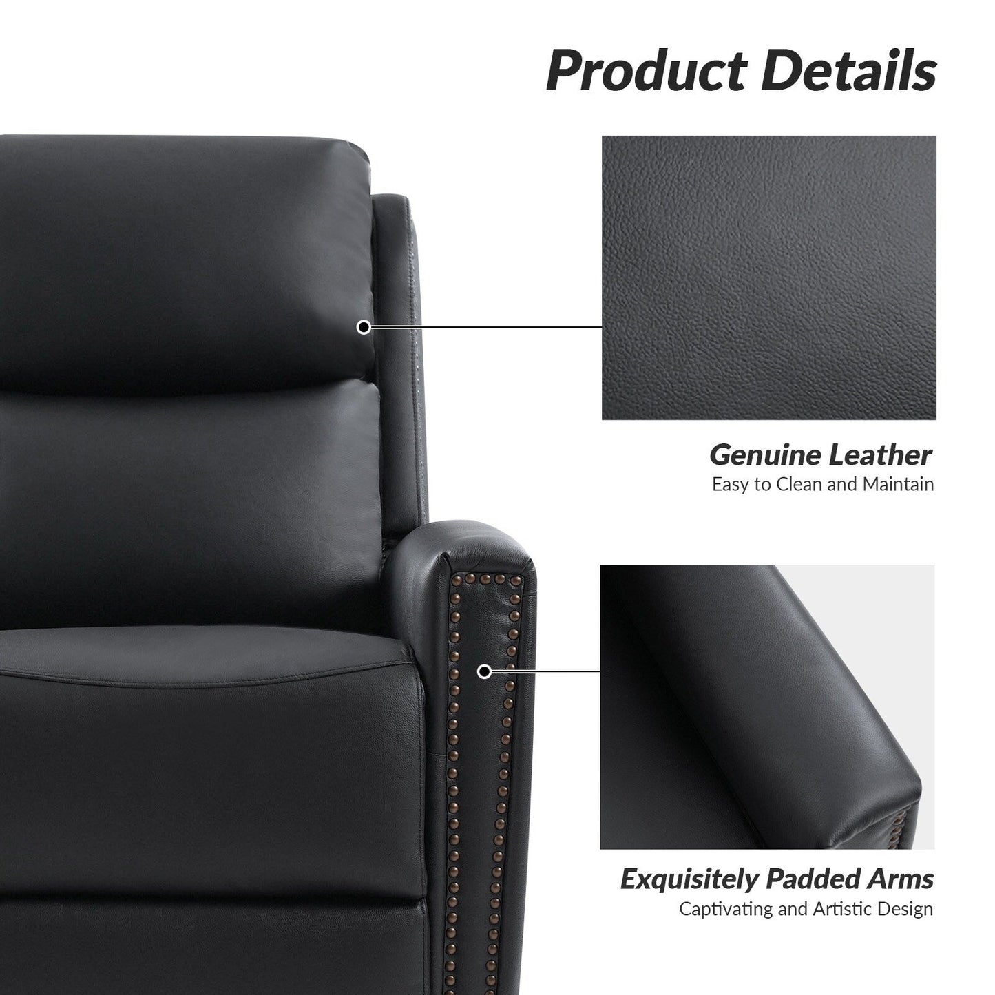 Fauteuil inclinable pivotant à oreilles Fiacro 30.31 en cuir véritable, large et moderne, avec garnitures cloutées, lot de 2