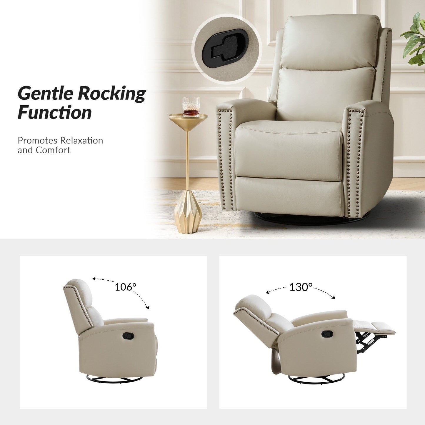 Fauteuil inclinable pivotant à oreilles Fiacro 30.31 en cuir véritable, large et moderne, avec garnitures cloutées, lot de 2