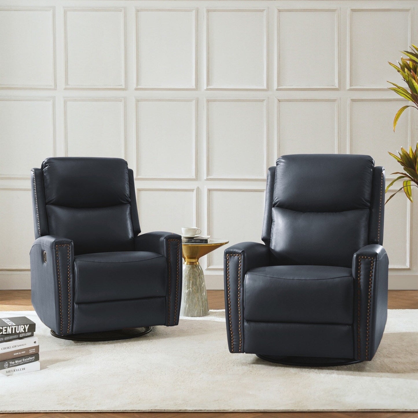 Fauteuil inclinable pivotant à oreilles Fiacro 30.31 en cuir véritable, large et moderne, avec garnitures cloutées, lot de 2