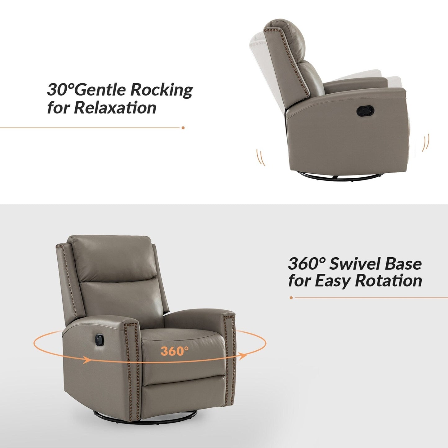 Fauteuil inclinable pivotant à oreilles Fiacro 30.31 en cuir véritable, large et moderne, avec garnitures cloutées, lot de 2