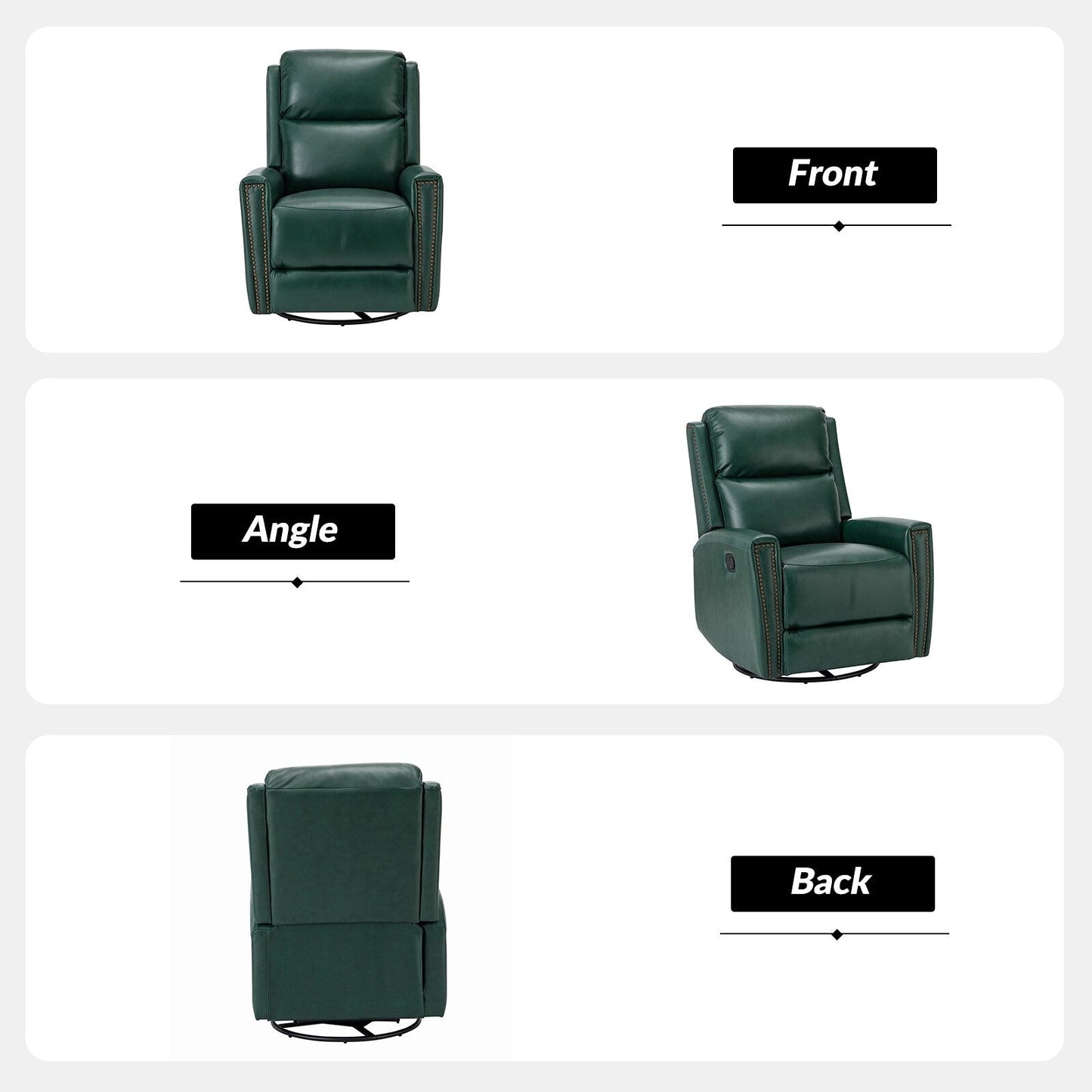 Fauteuil inclinable pivotant à oreilles Fiacro 30.31 en cuir véritable, large et moderne, avec garnitures cloutées, lot de 2
