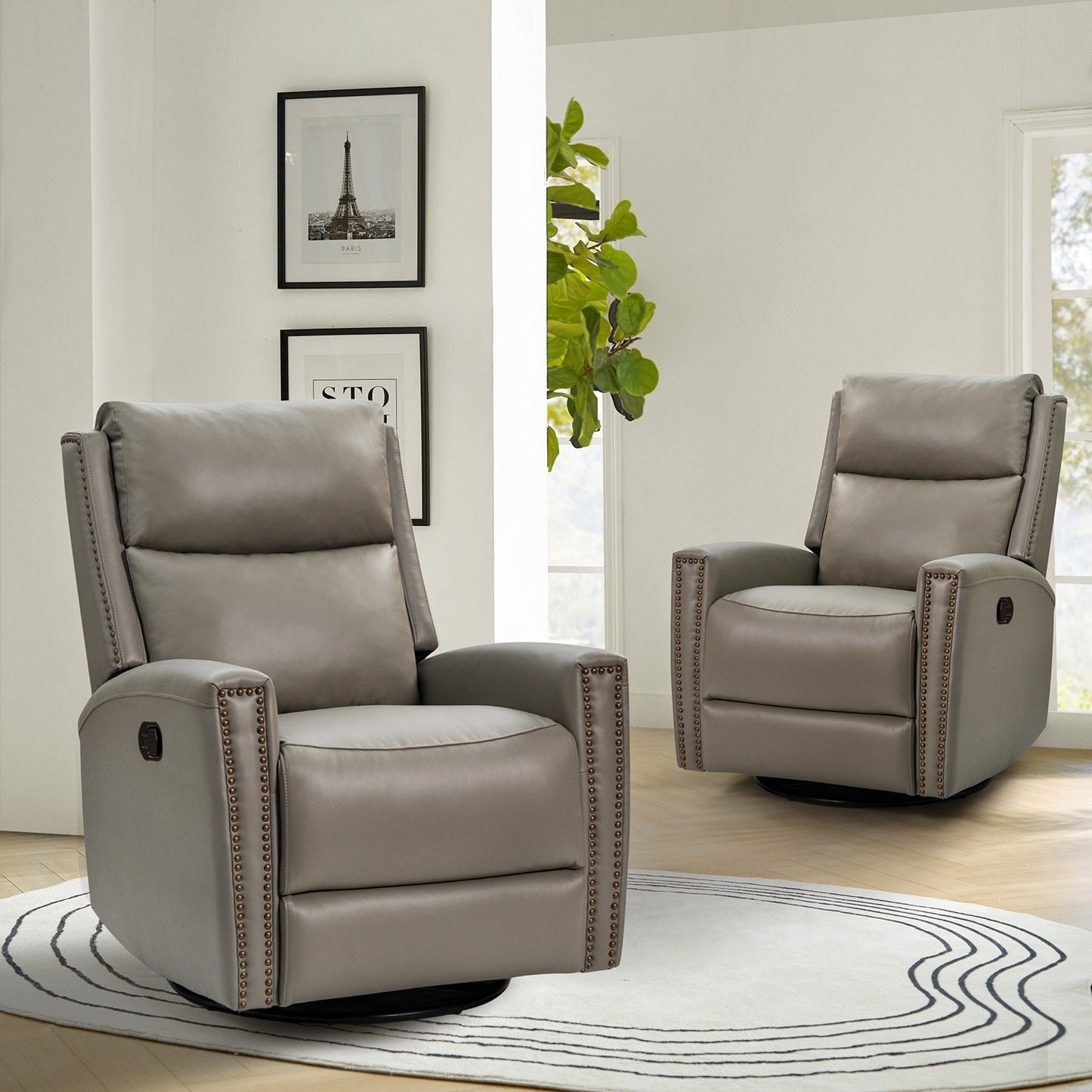 Fauteuil inclinable pivotant à oreilles Fiacro 30.31 en cuir véritable, large et moderne, avec garnitures cloutées, lot de 2