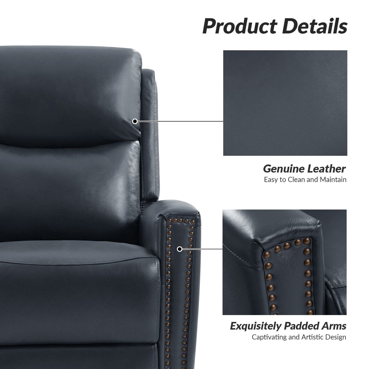 Fauteuil inclinable pivotant à oreilles Fiacro 30.31 en cuir véritable, large et moderne, avec garnitures cloutées, lot de 2