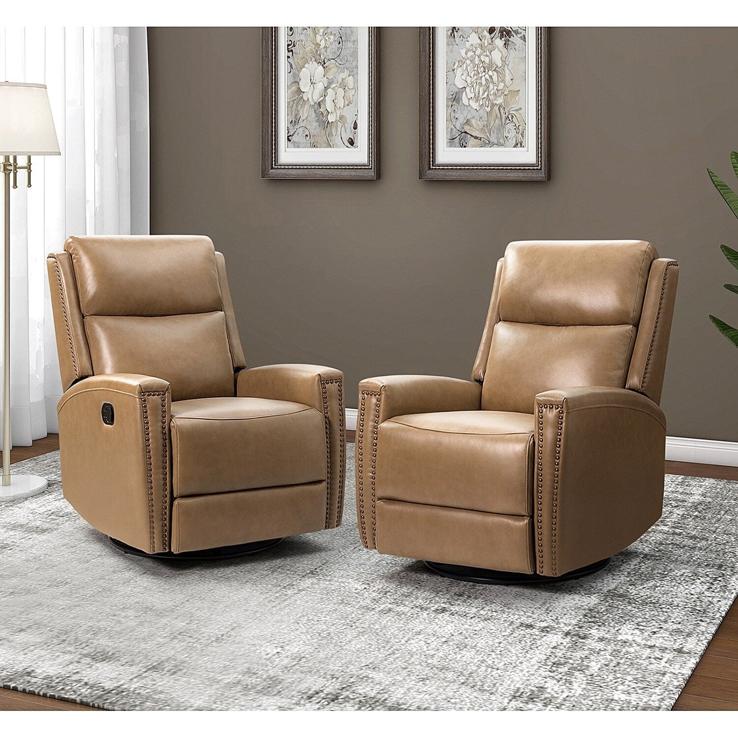 Fauteuil inclinable pivotant à oreilles Fiacro 30.31 en cuir véritable, large et moderne, avec garnitures cloutées, lot de 2