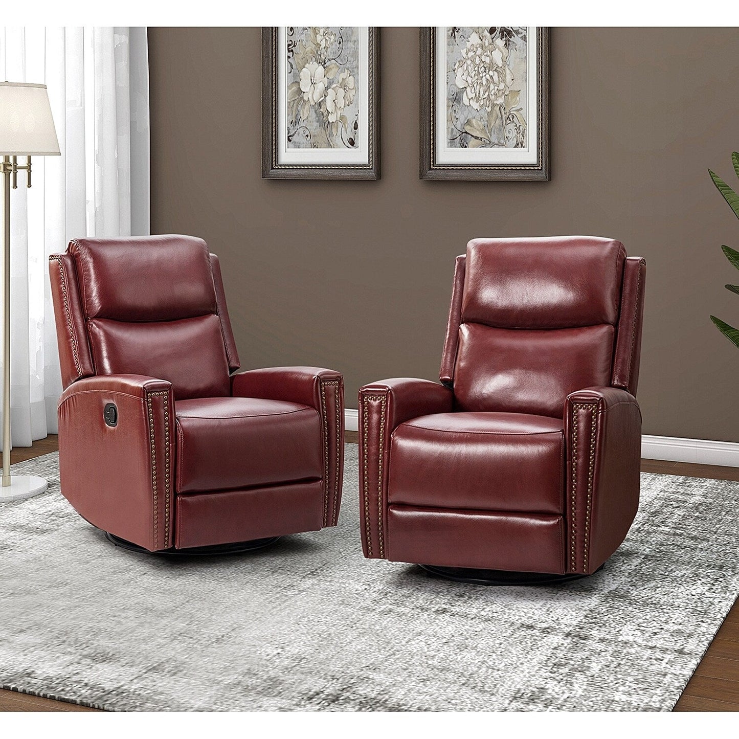 Fauteuil inclinable pivotant à oreilles Fiacro 30.31 en cuir véritable, large et moderne, avec garnitures cloutées, lot de 2