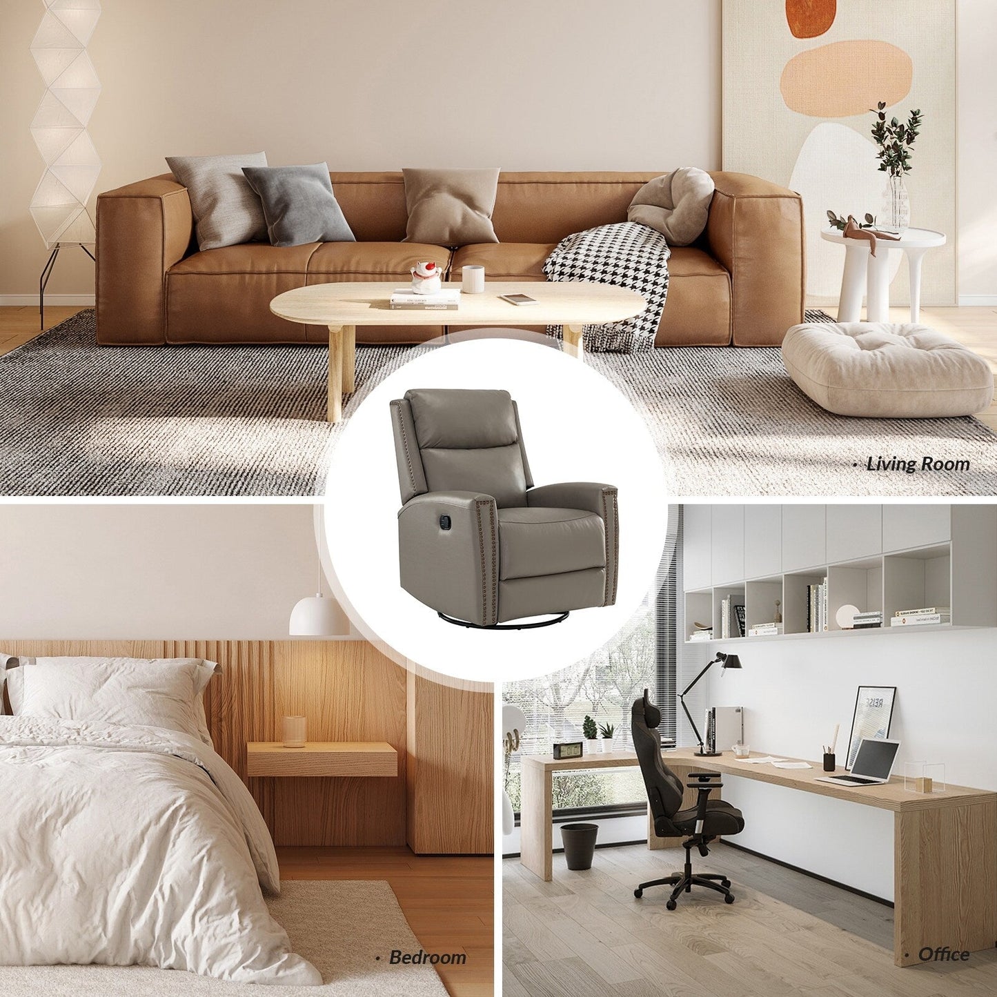 Fauteuil inclinable pivotant à oreilles Fiacro 30.31 en cuir véritable, large et moderne, avec garnitures cloutées, lot de 2