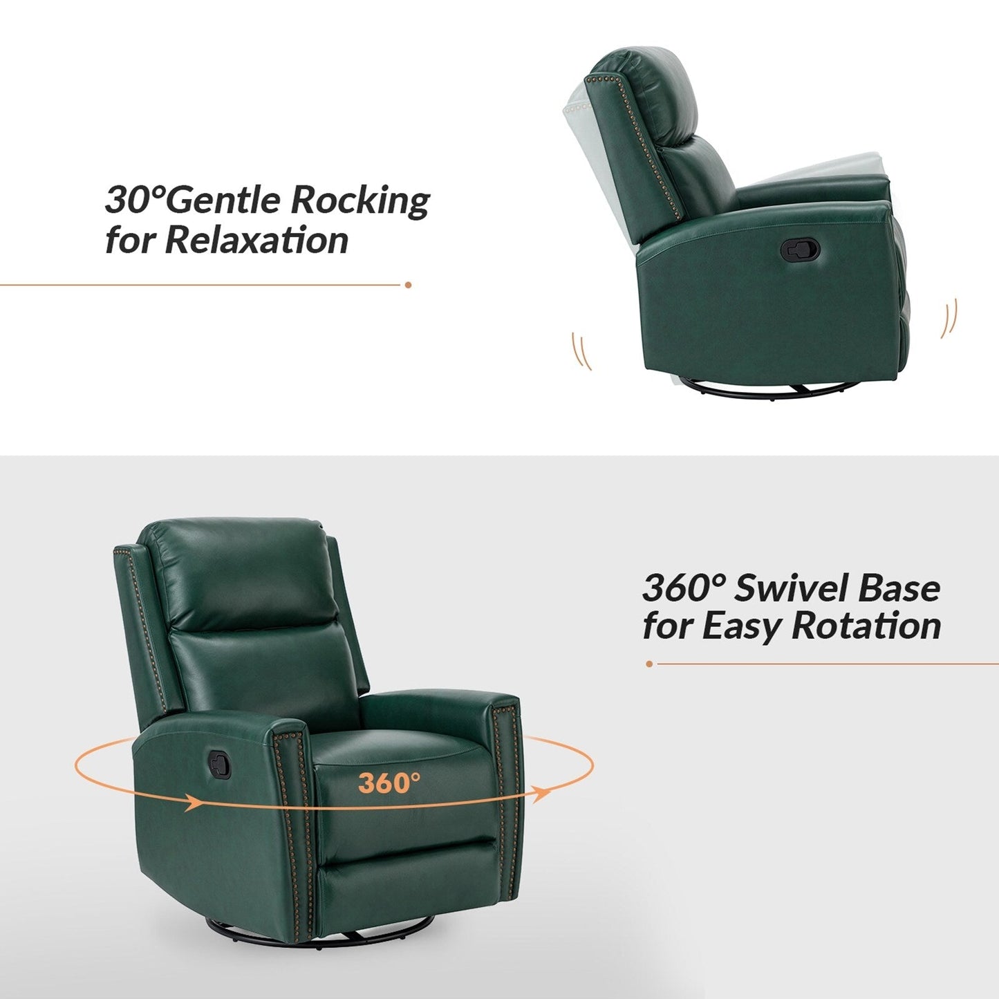 Fauteuil inclinable pivotant à oreilles Fiacro 30.31 en cuir véritable, large et moderne, avec garnitures cloutées, lot de 2