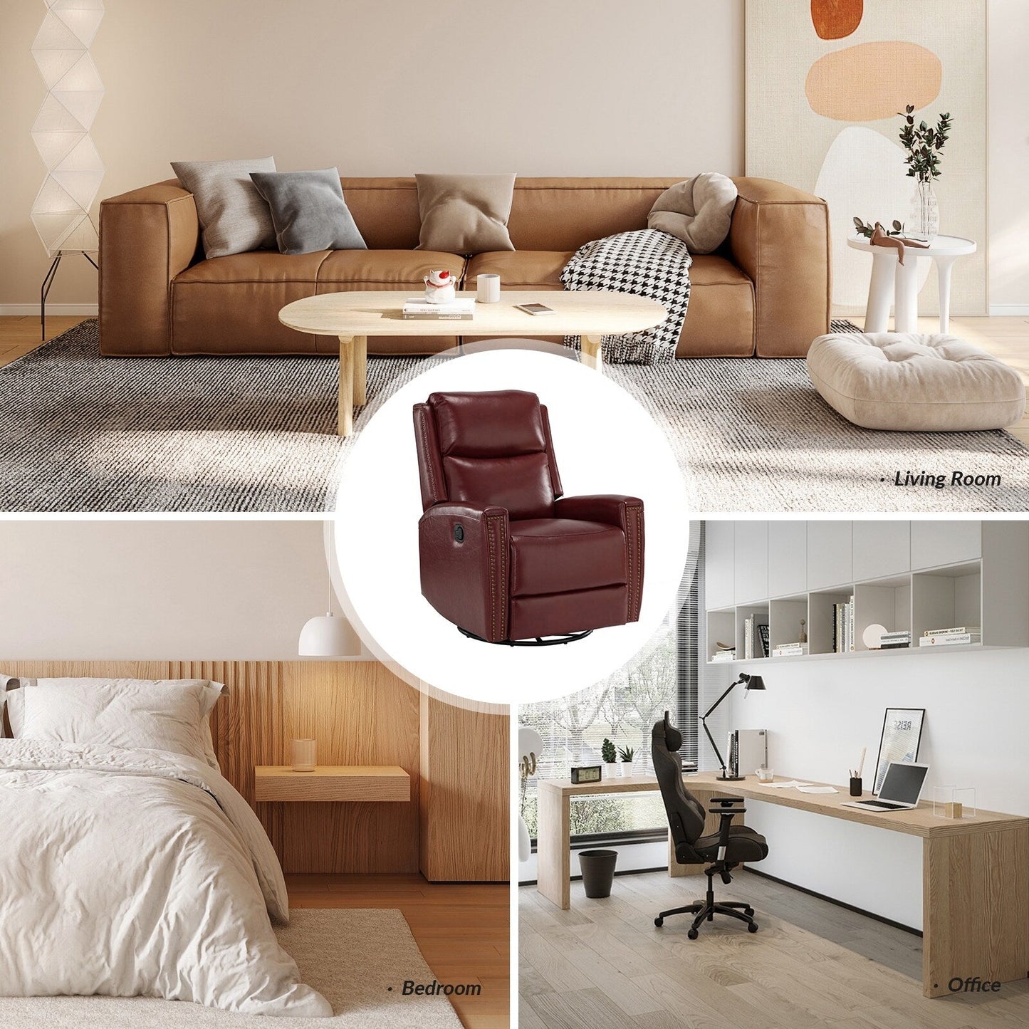 Fauteuil inclinable pivotant à oreilles Fiacro 30.31 en cuir véritable, large et moderne, avec garnitures cloutées, lot de 2