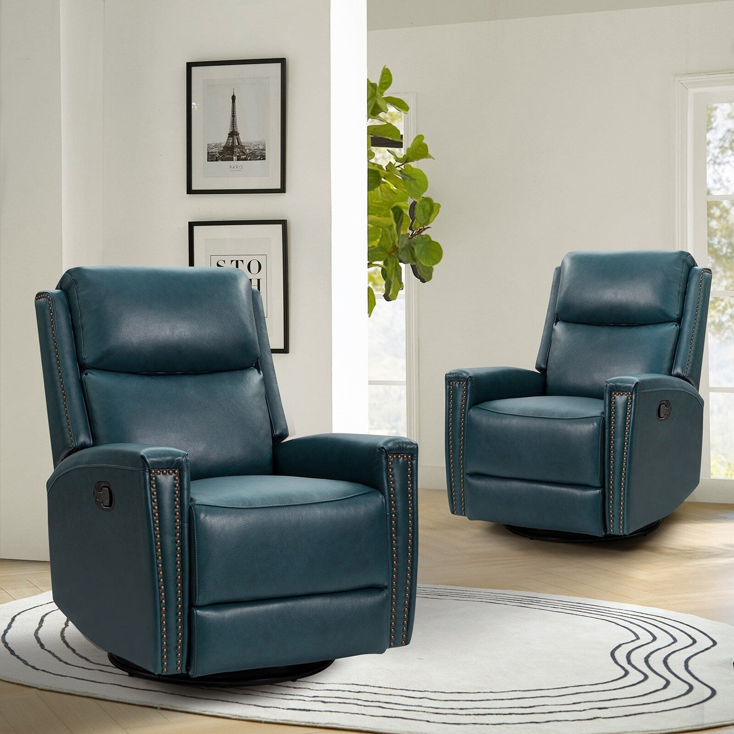 Fauteuil inclinable pivotant à oreilles Fiacro 30.31 en cuir véritable, large et moderne, avec garnitures cloutées, lot de 2