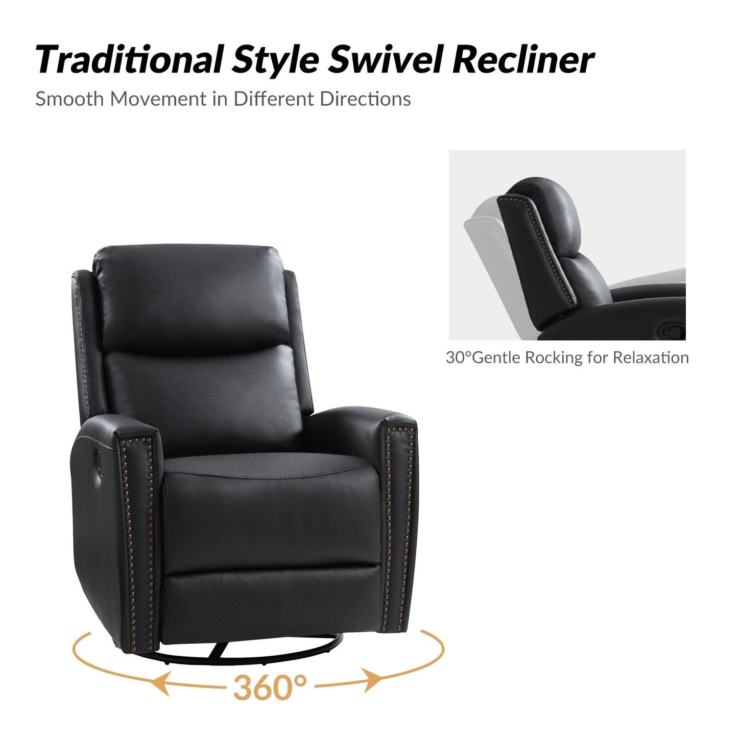 Fauteuil inclinable pivotant à oreilles Fiacro 30.31 en cuir véritable, large et moderne, avec garnitures cloutées, lot de 2