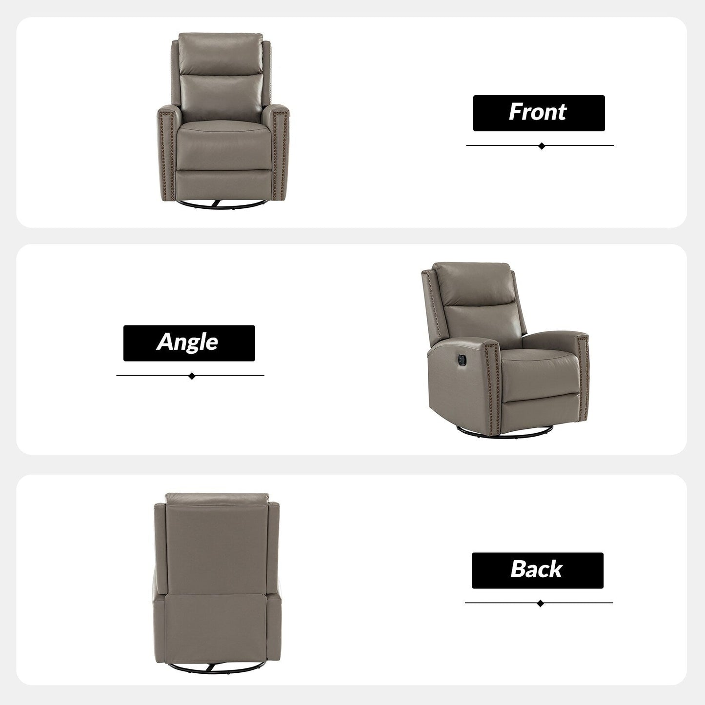 Fauteuil inclinable pivotant à oreilles Fiacro 30.31 en cuir véritable, large et moderne, avec garnitures cloutées, lot de 2