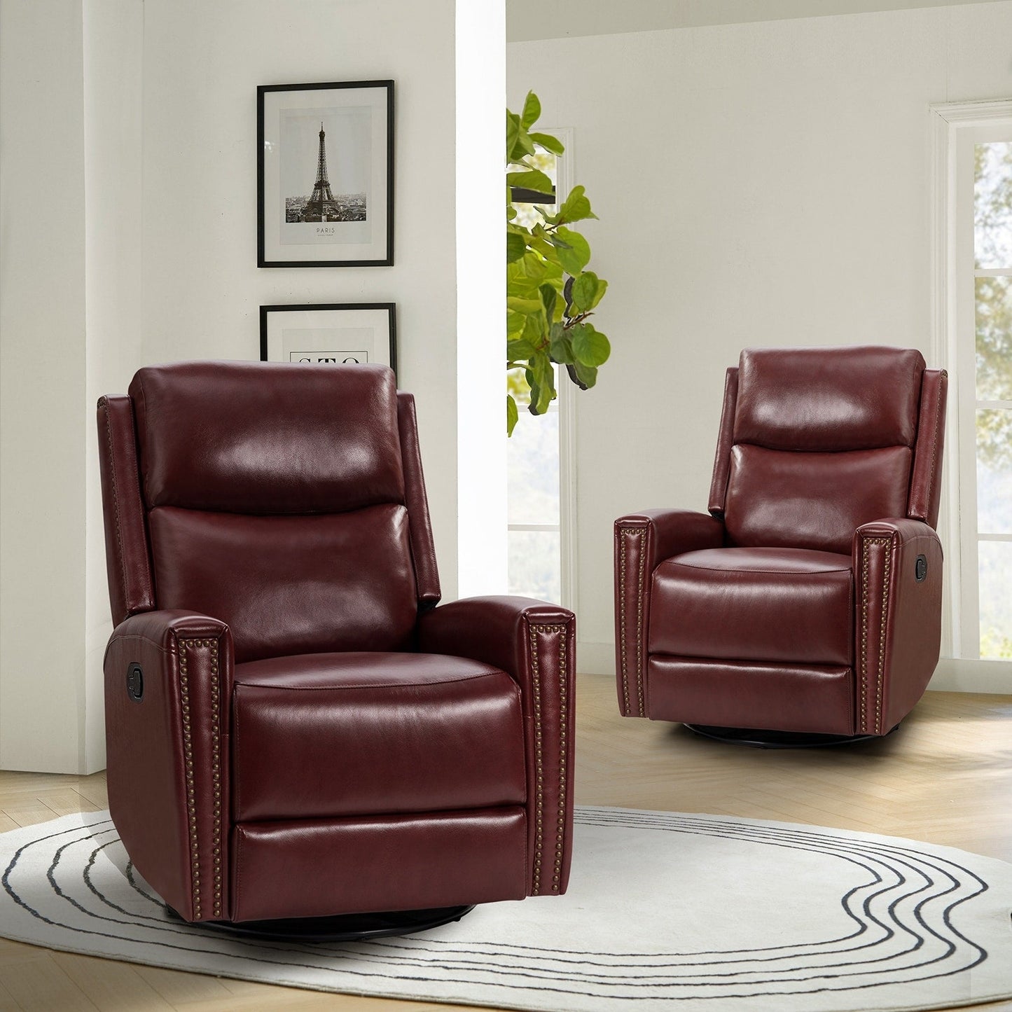 Fauteuil inclinable pivotant à oreilles Fiacro 30.31 en cuir véritable, large et moderne, avec garnitures cloutées, lot de 2