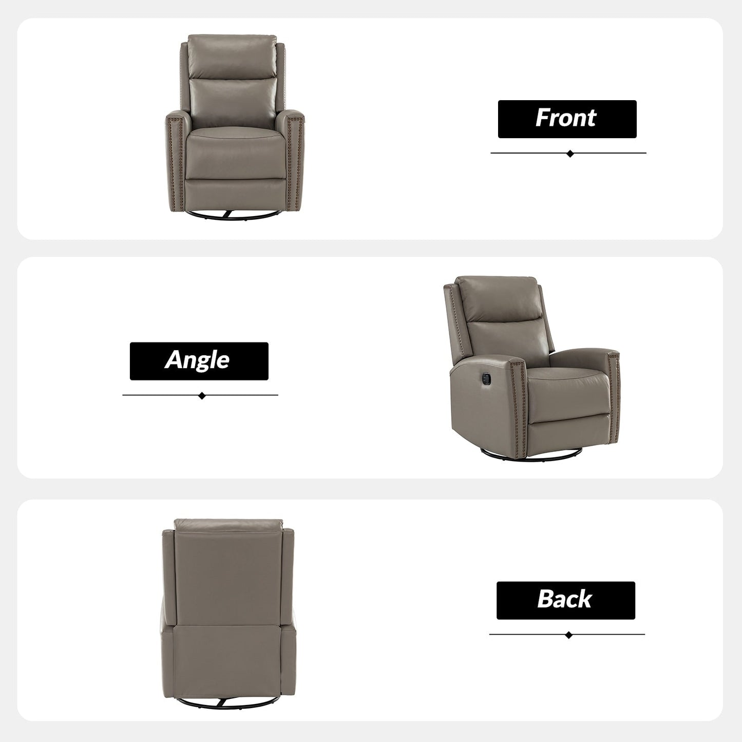 Fauteuil inclinable pivotant à oreilles Fiacro 30.31 en cuir véritable, large et moderne, avec garnitures cloutées