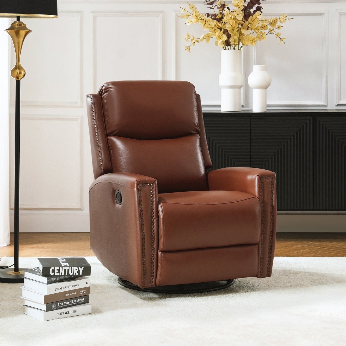 Fauteuil inclinable pivotant à oreilles Fiacro 30.31 en cuir véritable, large et moderne, avec garnitures cloutées