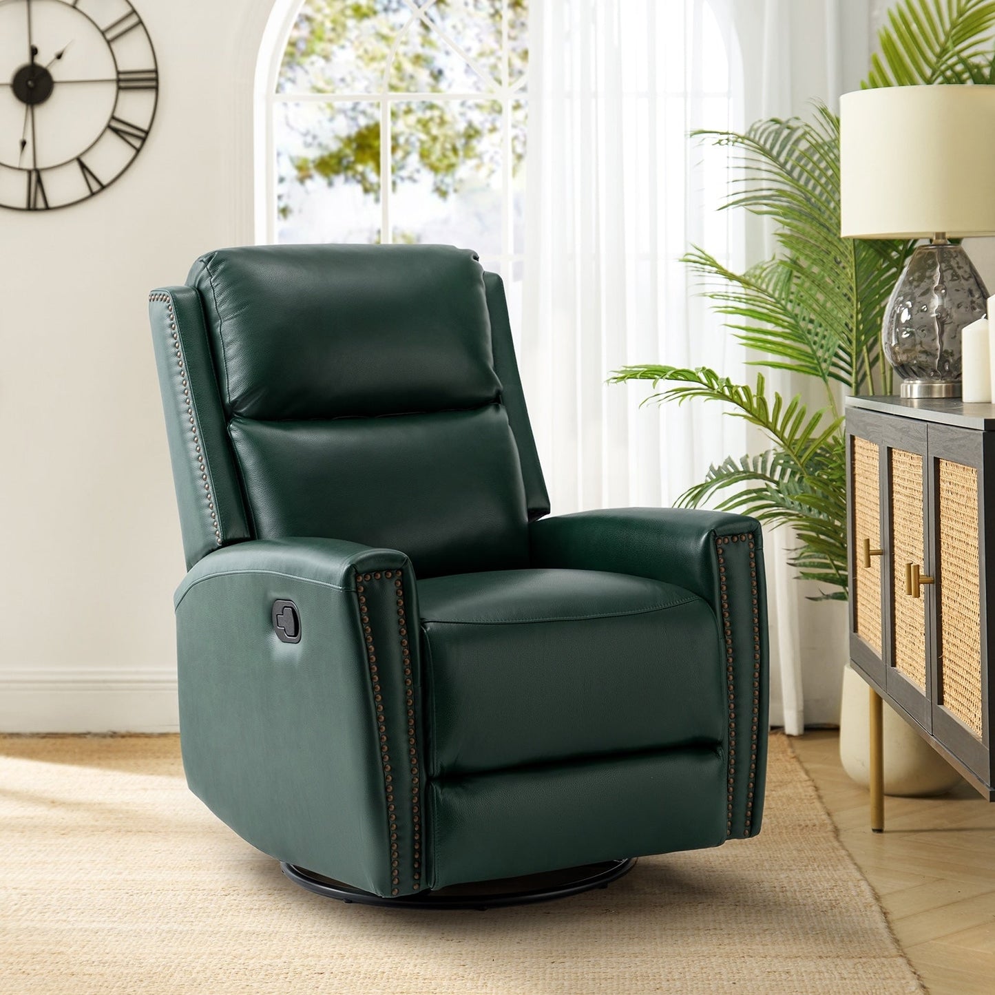 Fauteuil inclinable pivotant à oreilles Fiacro 30.31 en cuir véritable, large et moderne, avec garnitures cloutées