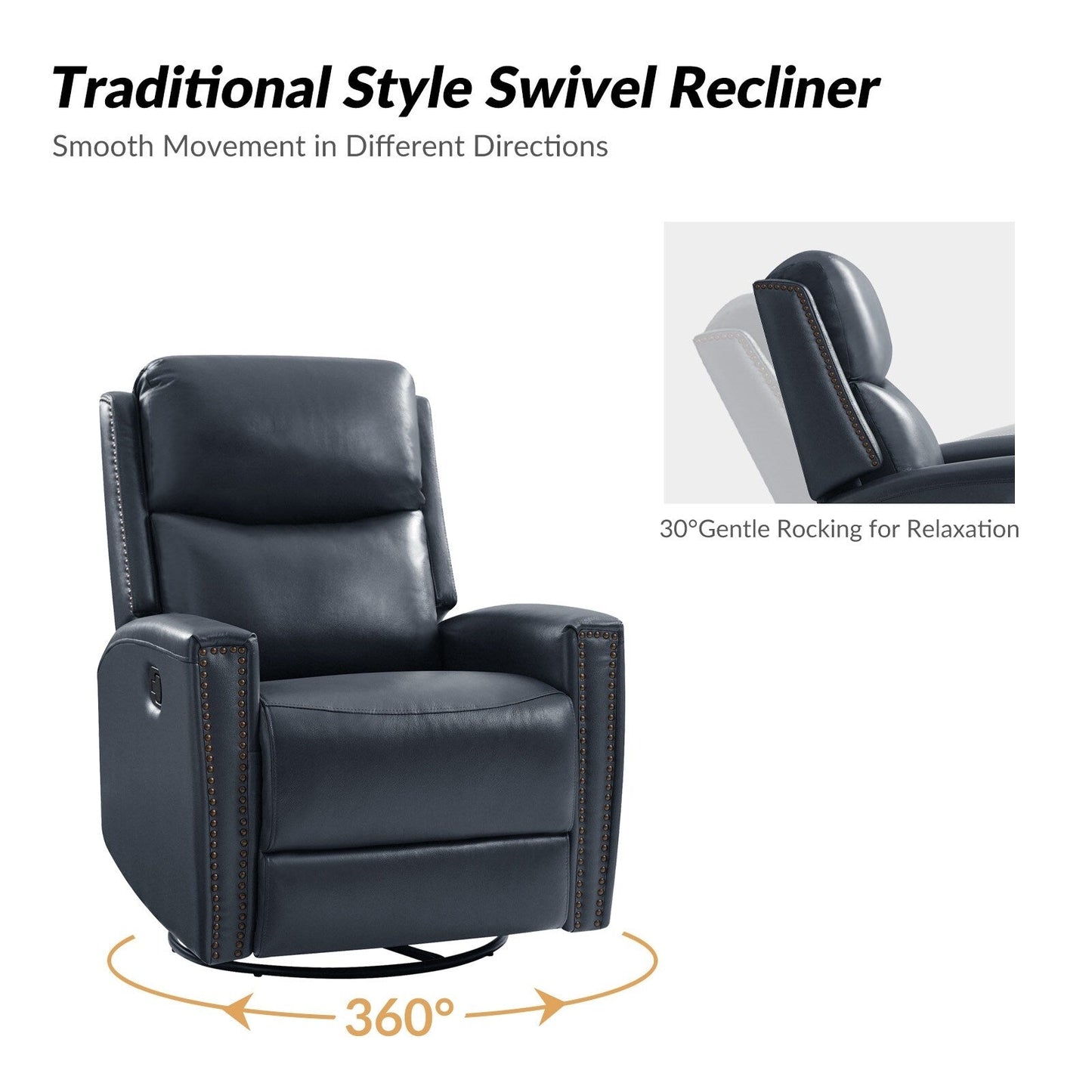 Fauteuil inclinable pivotant à oreilles Fiacro 30.31 en cuir véritable, large et moderne, avec garnitures cloutées