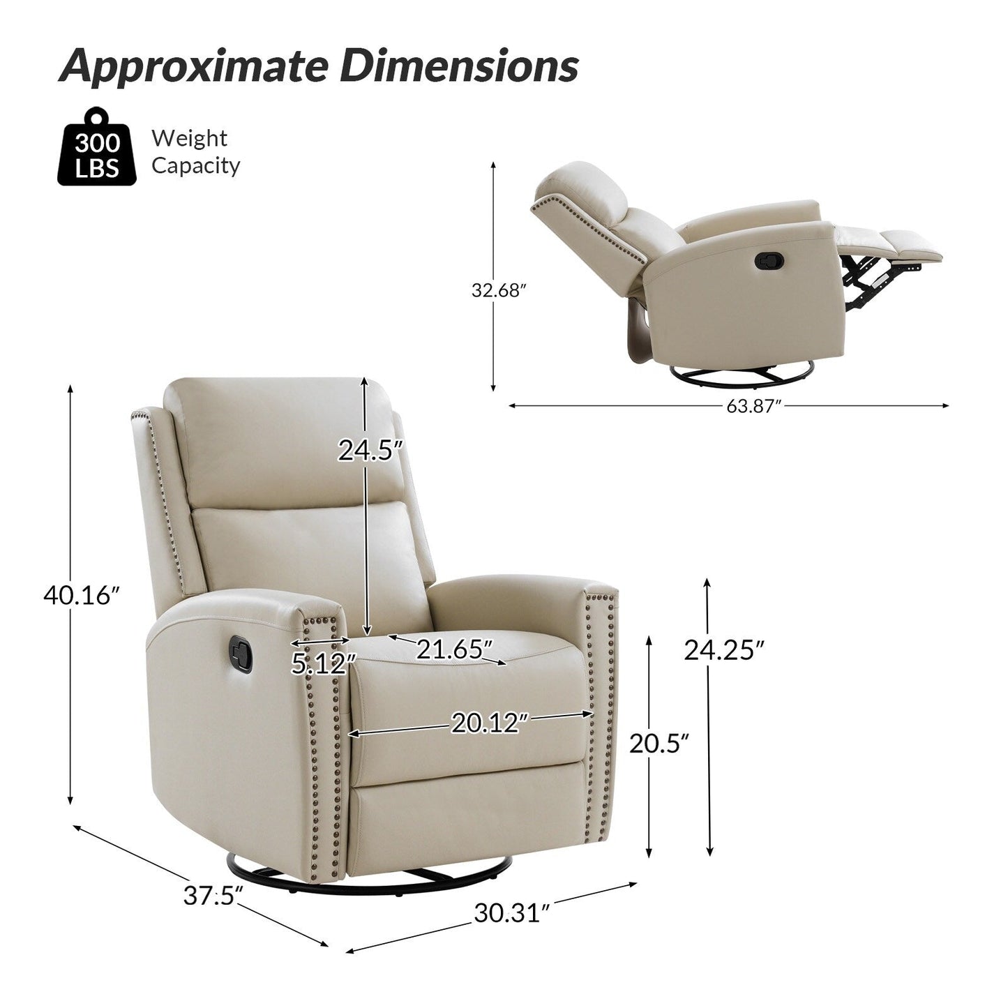Fauteuil inclinable pivotant à oreilles Fiacro 30.31 en cuir véritable, large et moderne, avec garnitures cloutées