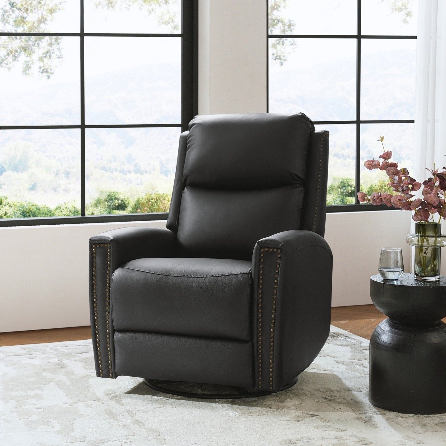 Fauteuil inclinable pivotant à oreilles Fiacro 30.31 en cuir véritable, large et moderne, avec garnitures cloutées