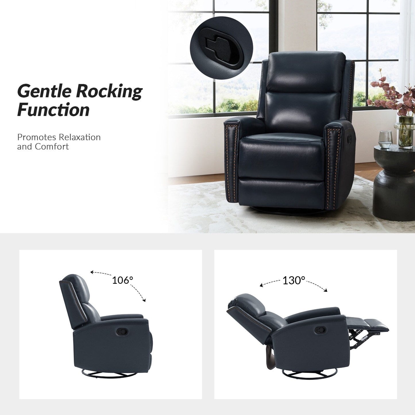 Fauteuil inclinable pivotant à oreilles Fiacro 30.31 en cuir véritable, large et moderne, avec garnitures cloutées