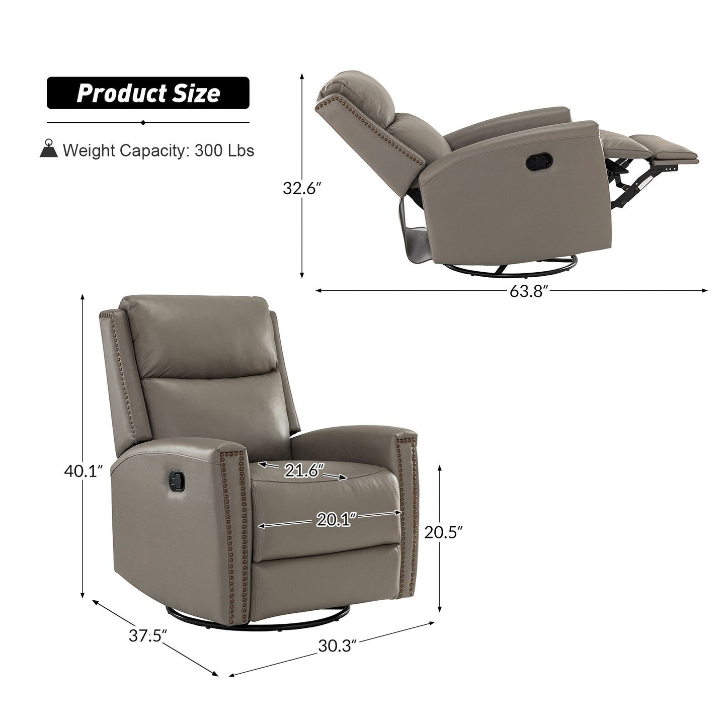 Fauteuil inclinable pivotant à oreilles Fiacro 30.31 en cuir véritable, large et moderne, avec garnitures cloutées