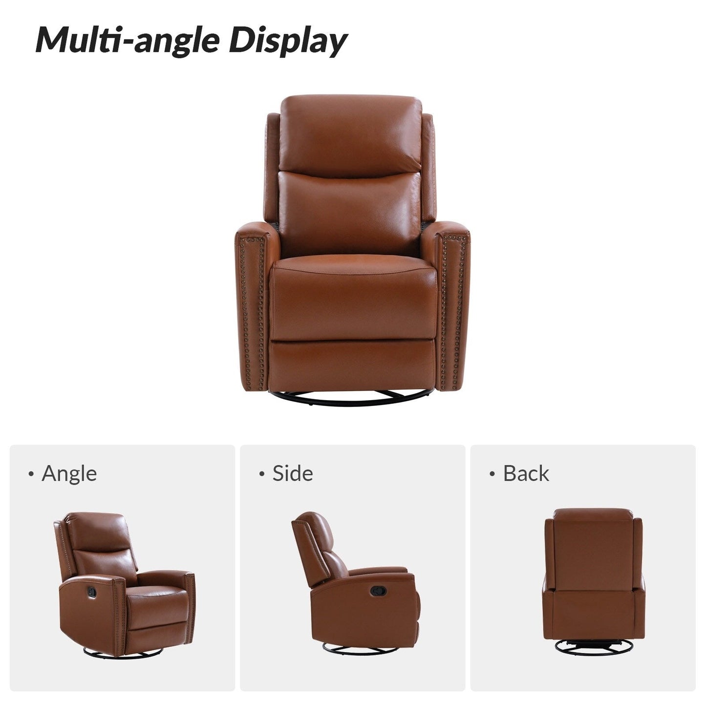 Fauteuil inclinable pivotant à oreilles Fiacro 30.31 en cuir véritable, large et moderne, avec garnitures cloutées