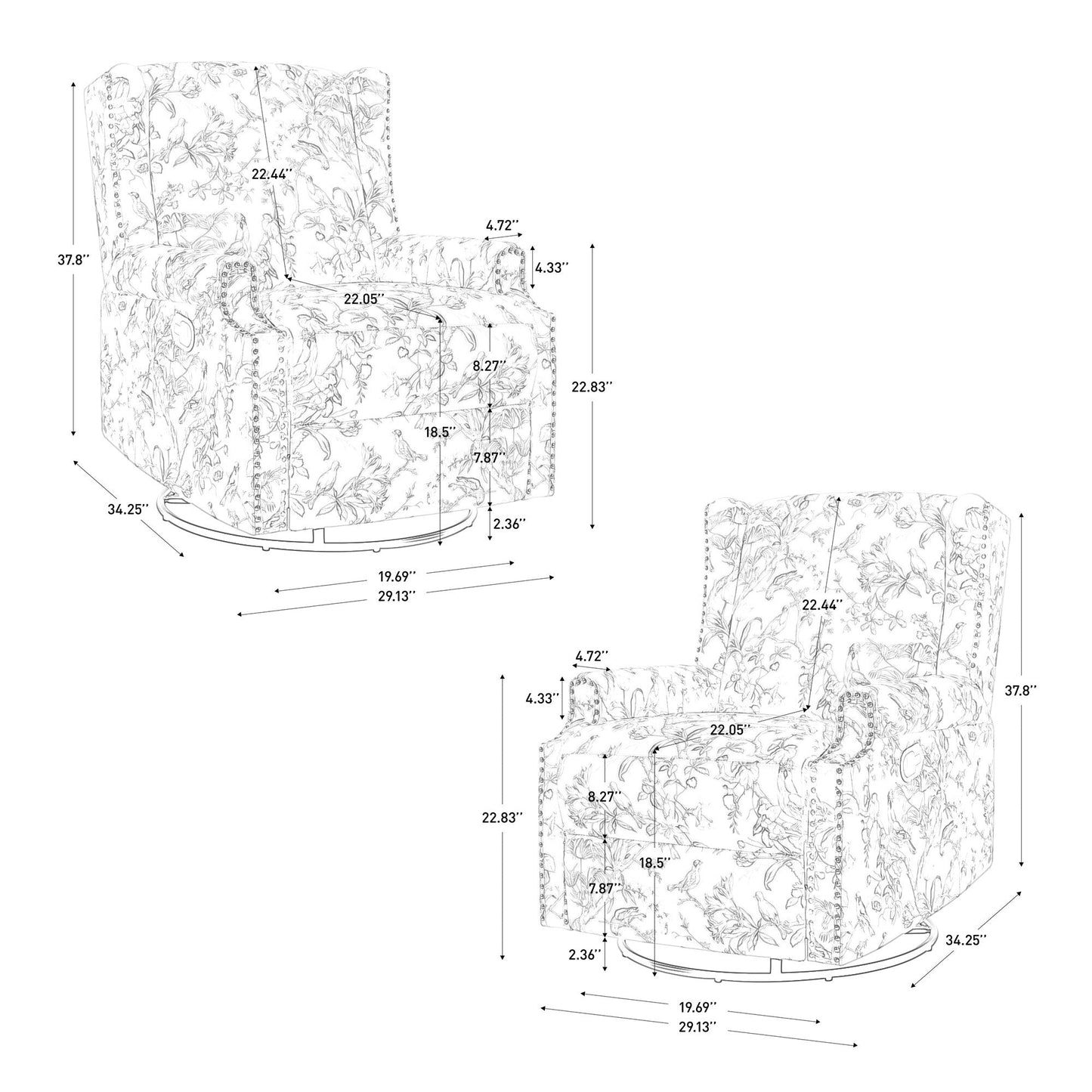 Lot de 2 fauteuils inclinables manuels en lin fleuri avec repose-pieds