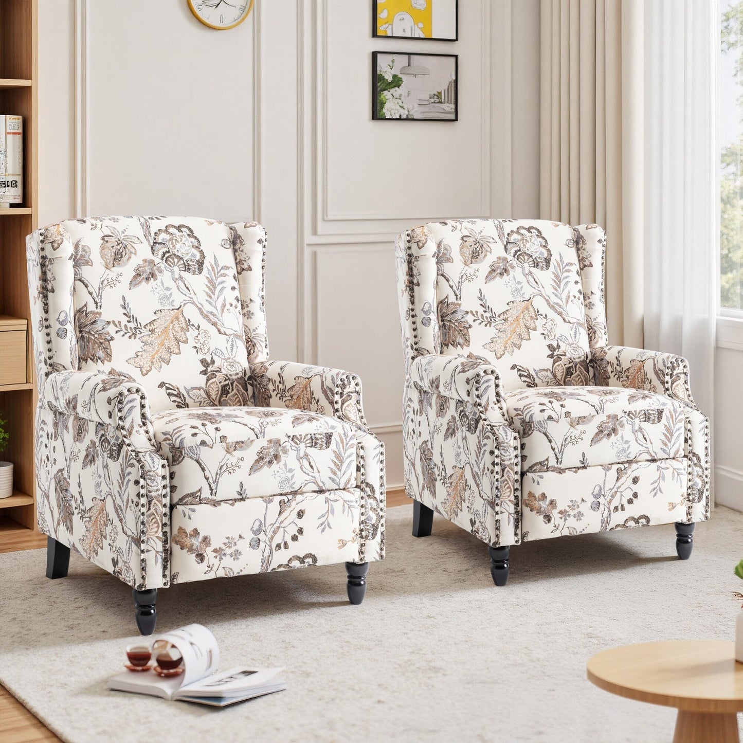 Lot de 2 fauteuils inclinables manuels en lin fleuri avec repose-pieds