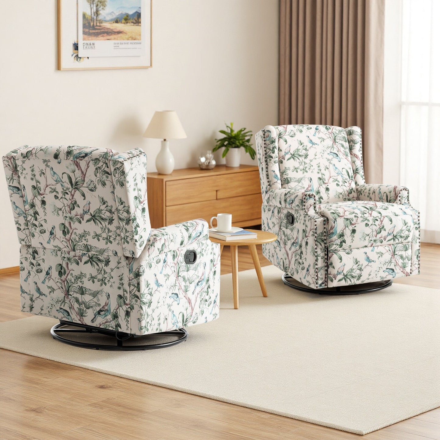 Lot de 2 fauteuils inclinables manuels en lin fleuri avec repose-pieds