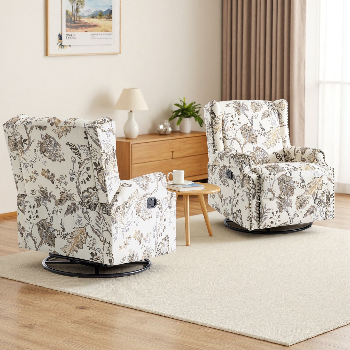 Lot de 2 fauteuils inclinables manuels en lin fleuri avec repose-pieds