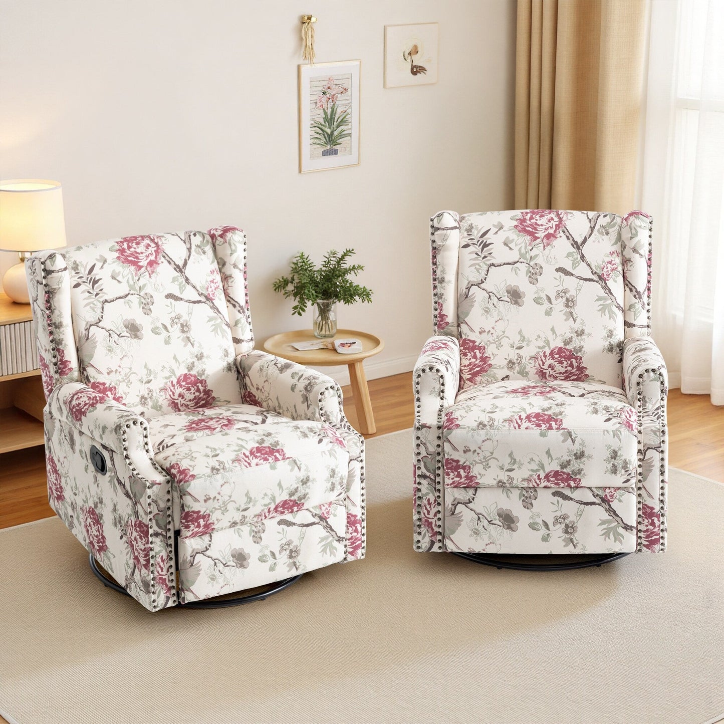 Lot de 2 fauteuils inclinables manuels en lin fleuri avec repose-pieds