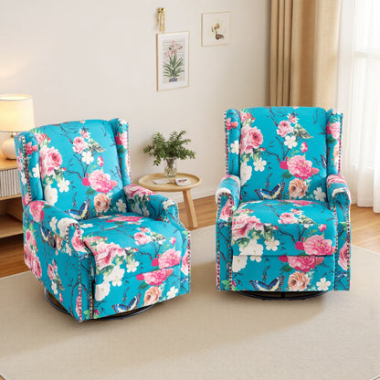 Lot de 2 fauteuils inclinables manuels en lin fleuri avec repose-pieds