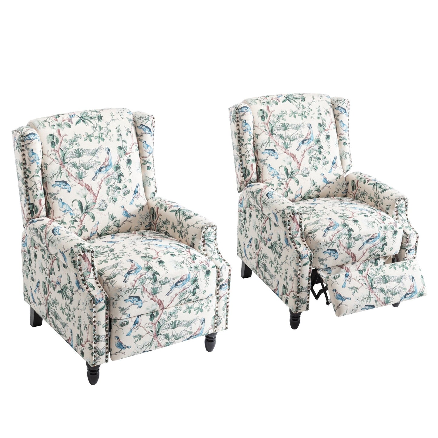 Lot de 2 fauteuils inclinables manuels en lin fleuri avec repose-pieds