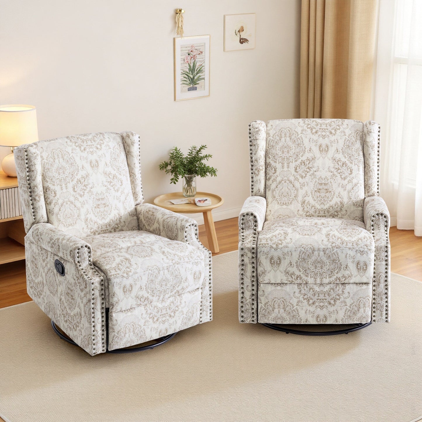 Lot de 2 fauteuils inclinables manuels en lin fleuri avec repose-pieds
