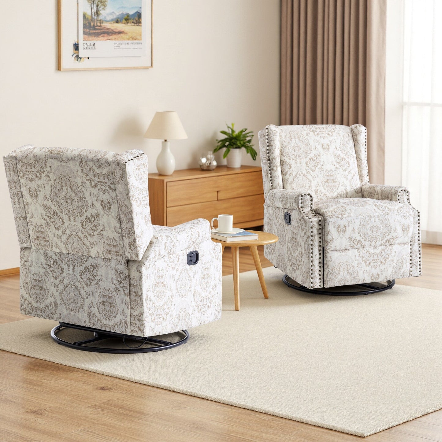 Lot de 2 fauteuils inclinables manuels en lin fleuri avec repose-pieds