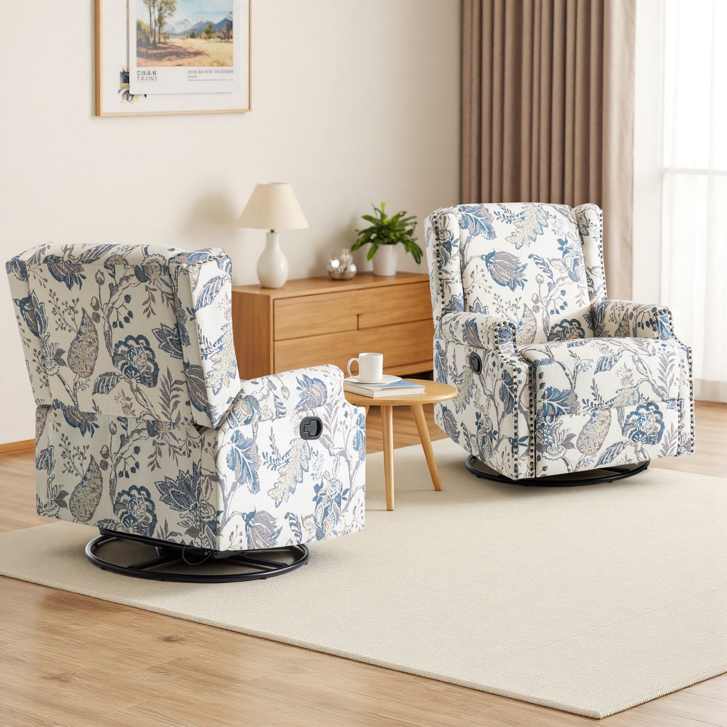 Lot de 2 fauteuils inclinables manuels en lin fleuri avec repose-pieds
