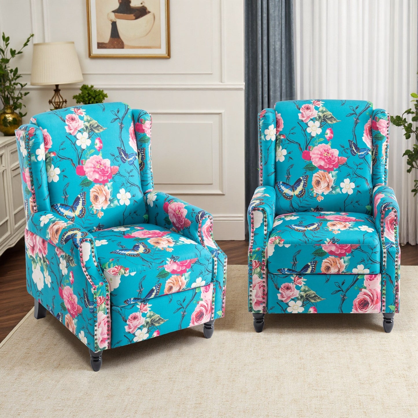 Lot de 2 fauteuils inclinables manuels en lin fleuri avec repose-pieds