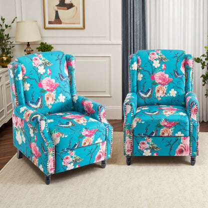 Lot de 2 fauteuils inclinables manuels en lin fleuri avec repose-pieds