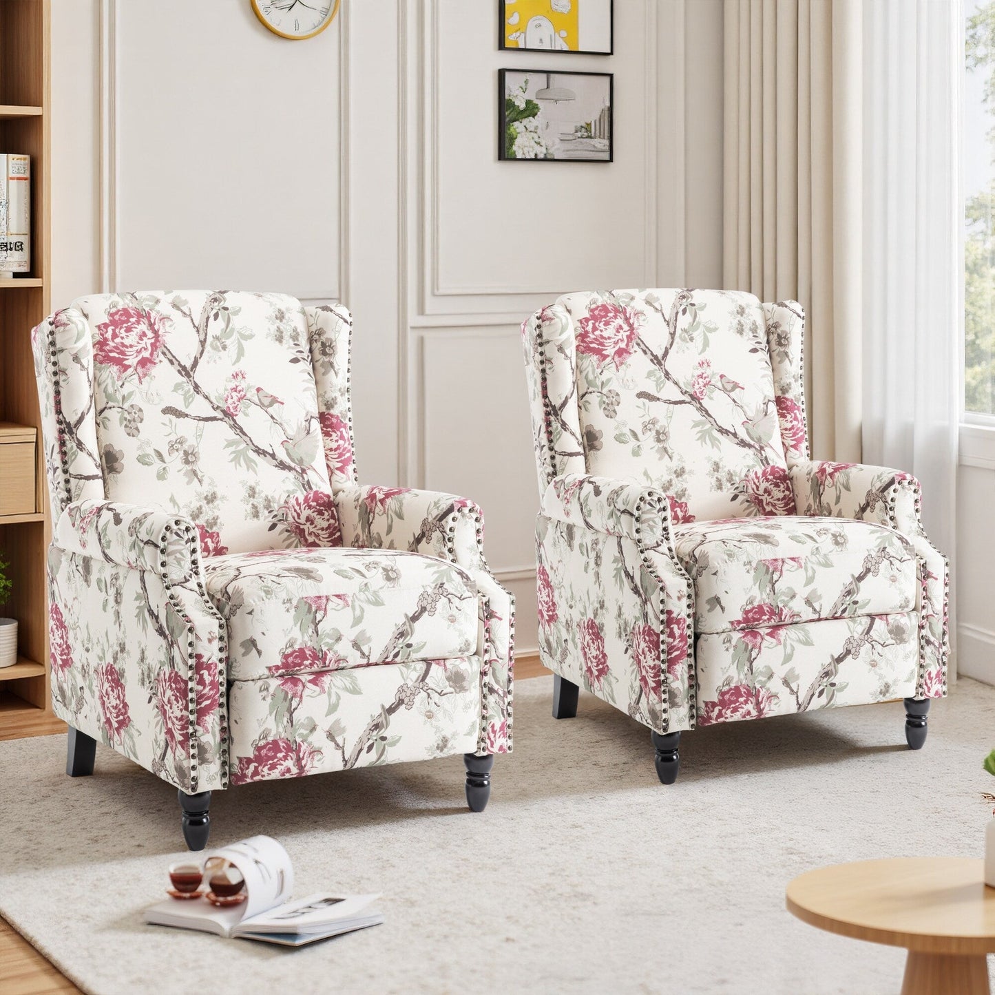 Lot de 2 fauteuils inclinables manuels en lin fleuri avec repose-pieds
