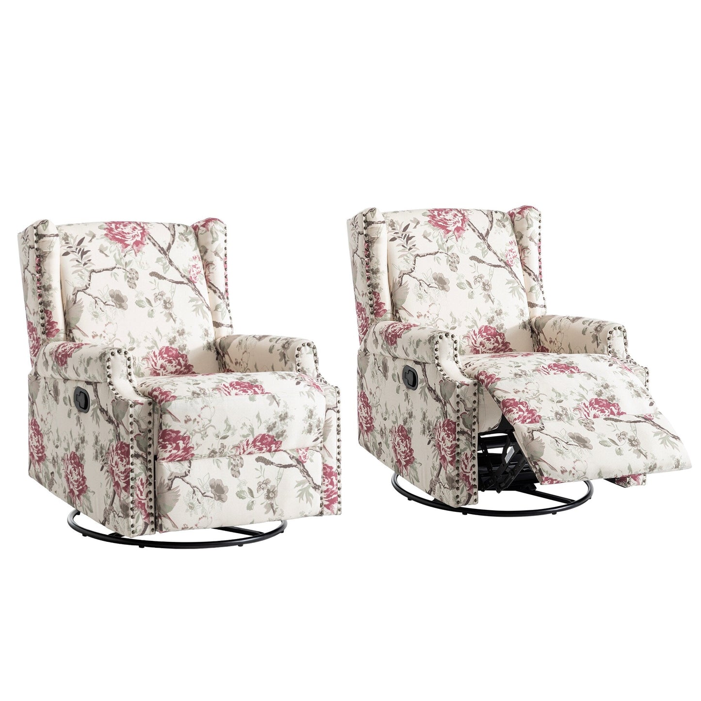 Lot de 2 fauteuils inclinables manuels en lin fleuri avec repose-pieds