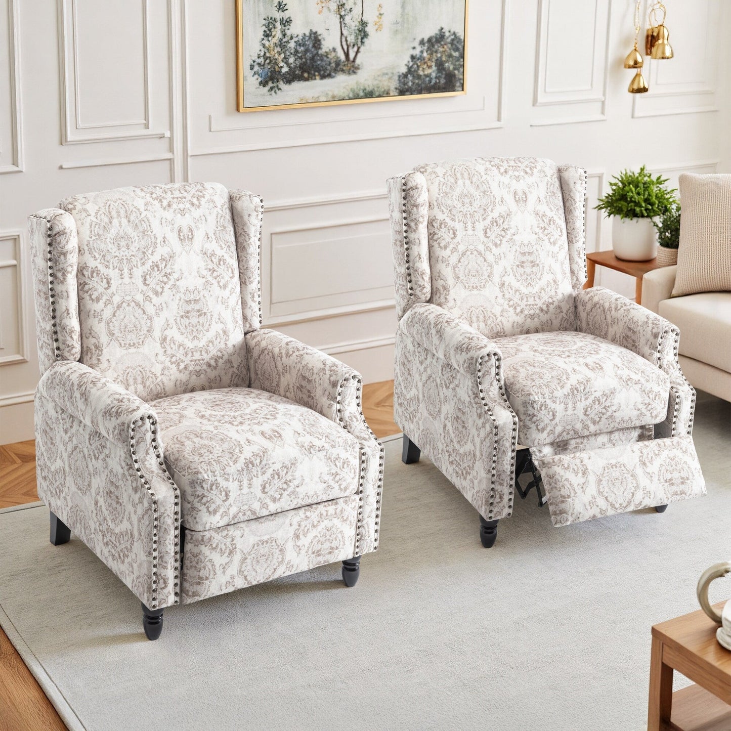 Lot de 2 fauteuils inclinables manuels en lin fleuri avec repose-pieds