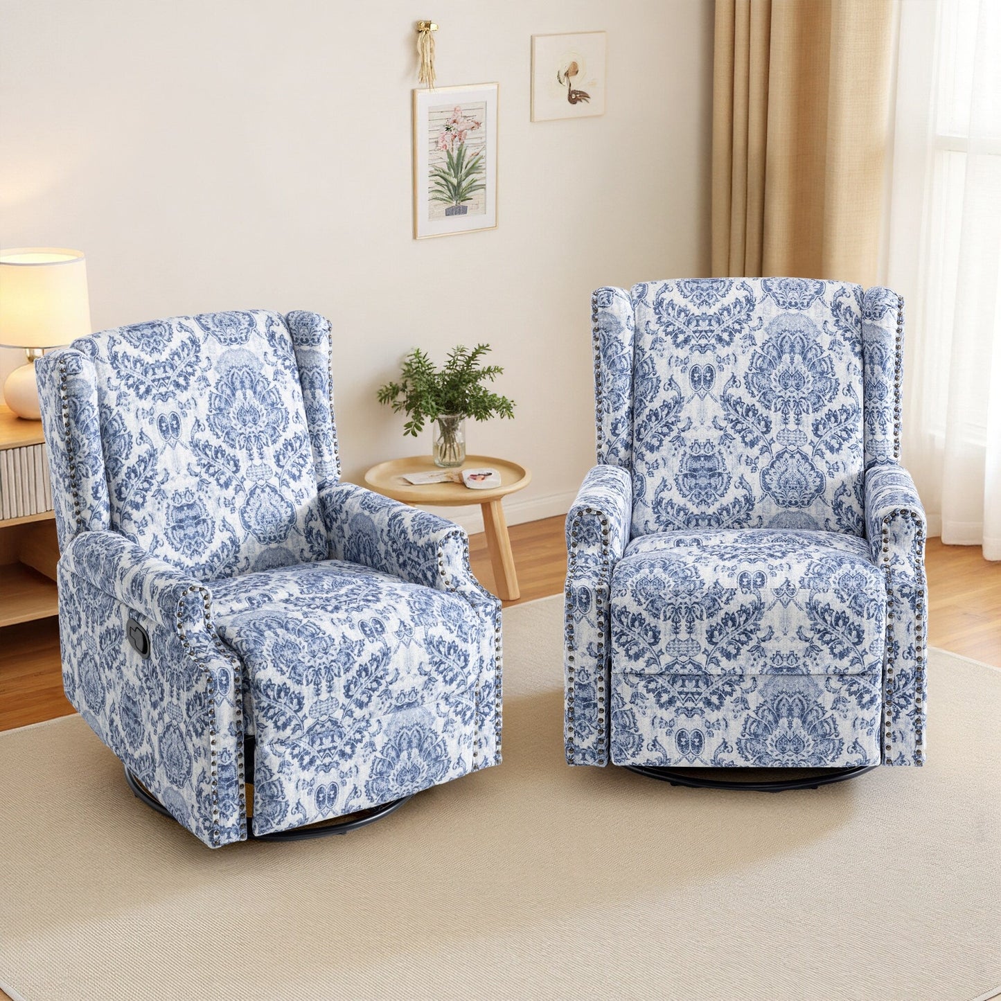Lot de 2 fauteuils inclinables manuels en lin fleuri avec repose-pieds