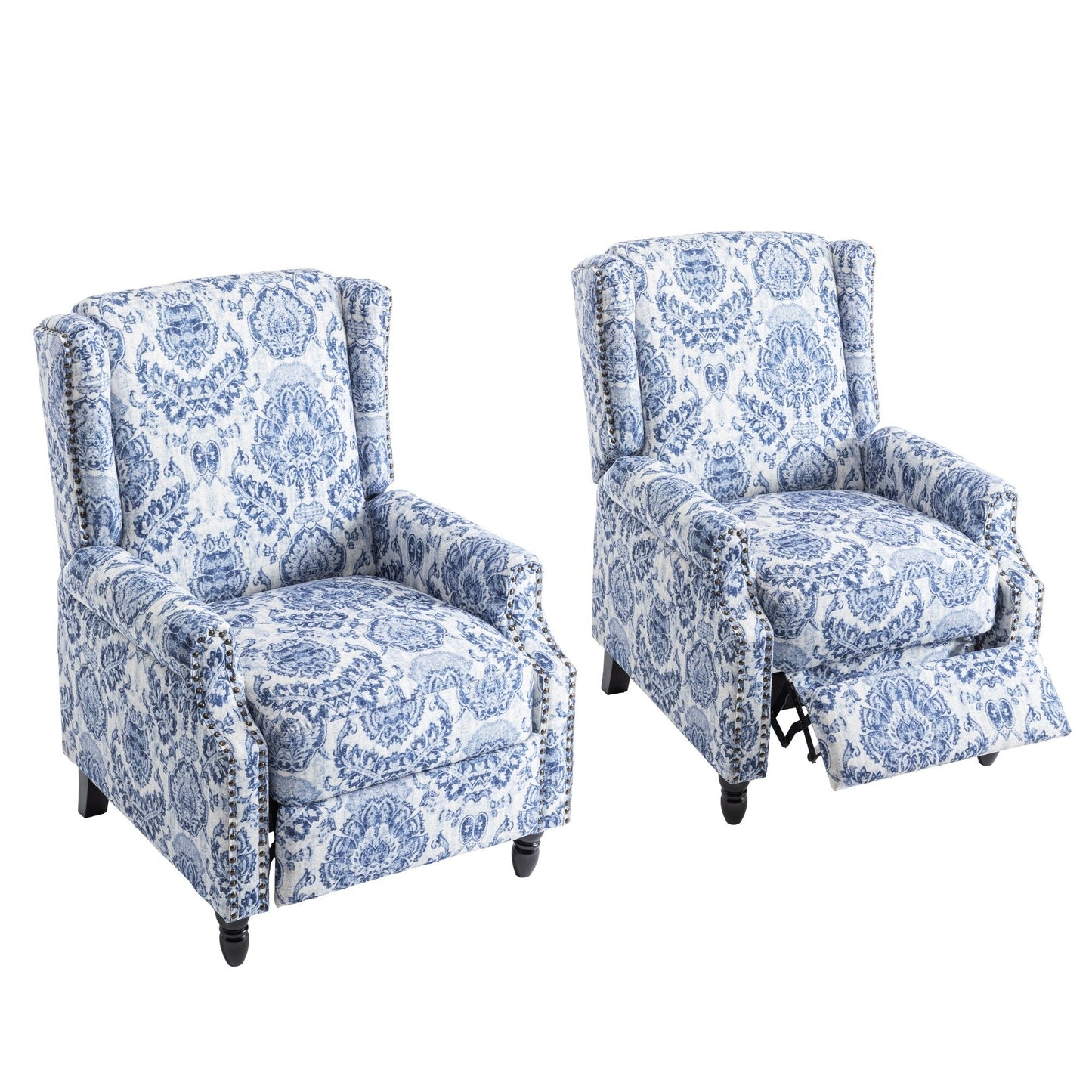 Lot de 2 fauteuils inclinables manuels en lin fleuri avec repose-pieds