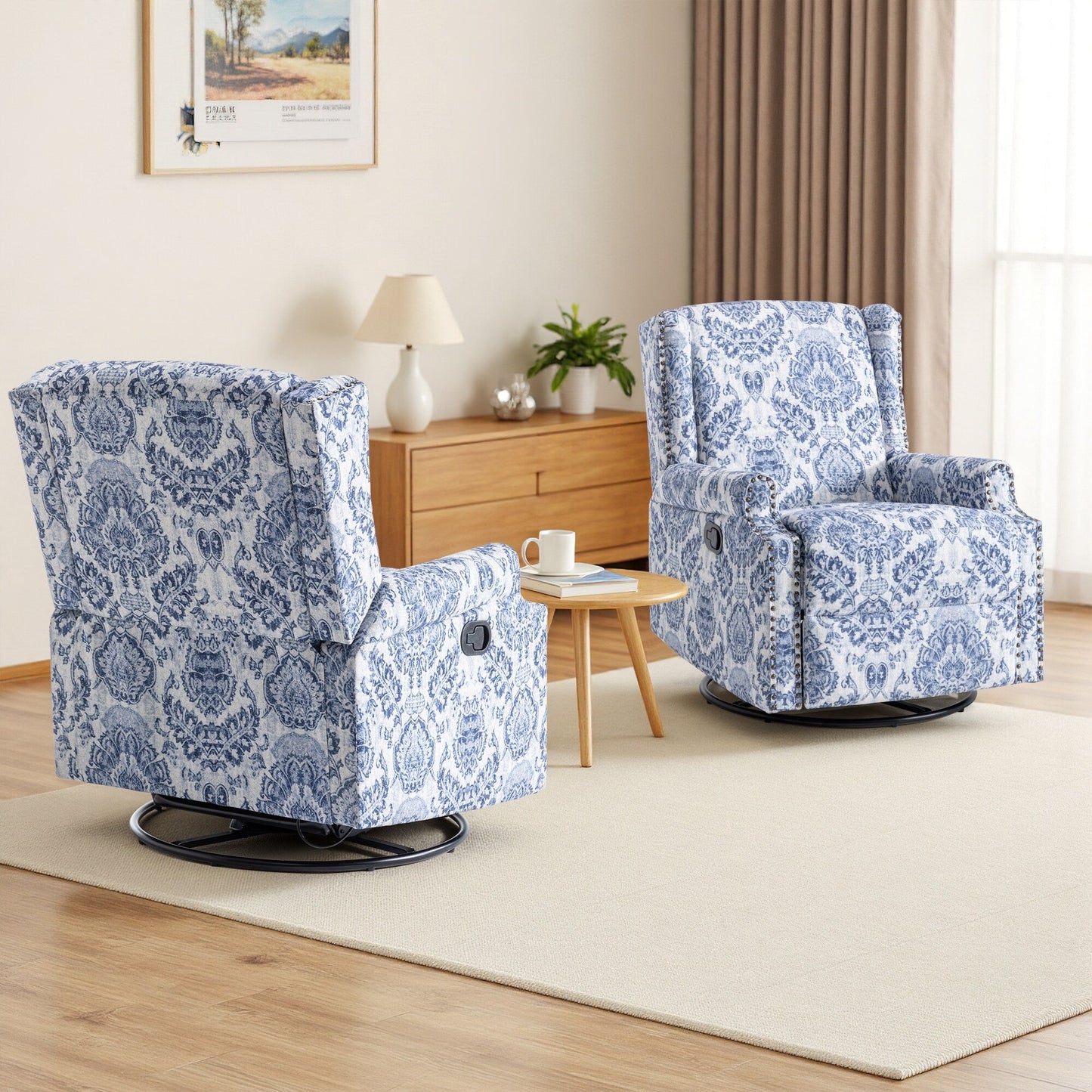 Lot de 2 fauteuils inclinables manuels en lin fleuri avec repose-pieds